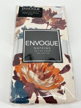 NEW Envogue Cloth Napkins 20x20 4 Cotton Floral Fall Orange Blue Burgundy Decor